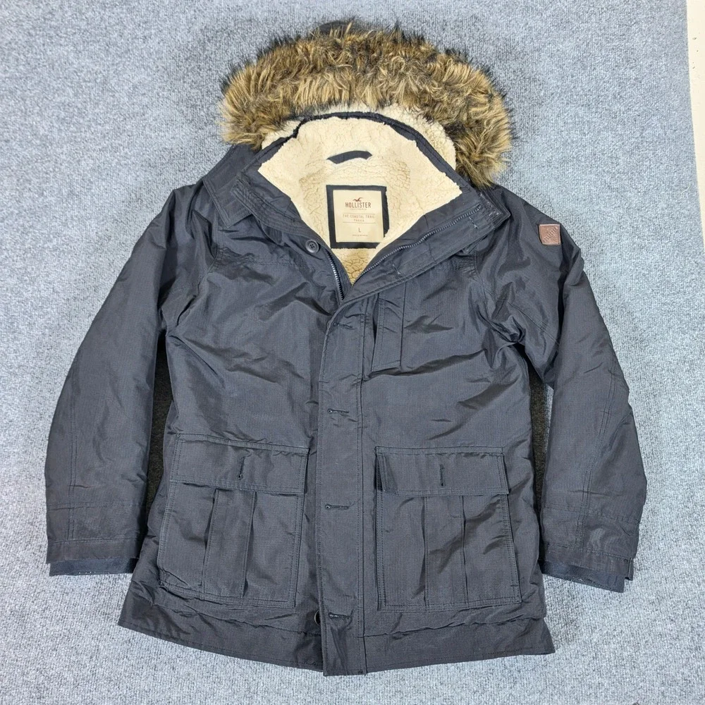 Y2K Hollister The Coastal Trail Parka Mens Large Black Faux Fur Sherpa Jacket